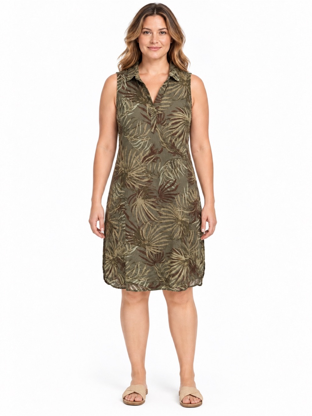 Sleeveless Green Tropical Print V Neck Dress Lightweight Vacation Cruise Lg.